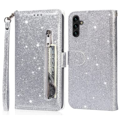Til Samsung Galaxy A56 5G Stående Glittercover med Lynlåslomme - Sølv