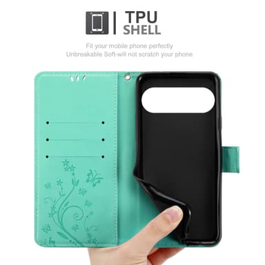 Google Pixel 9 Pungetui Cover Blomster (Turkis)