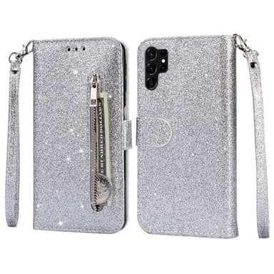 Til Samsung Galaxy S25 Ultra Stående Glittercover med Lynlåslomme - Sølv