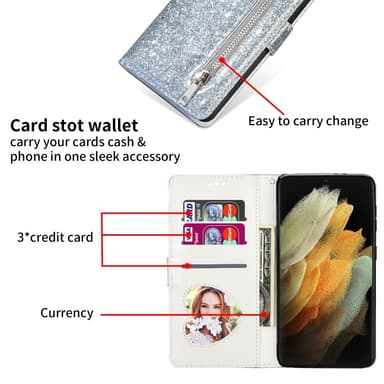 Til Samsung Galaxy S25 Ultra Stående Glittercover med Lynlåslomme - Sølv
