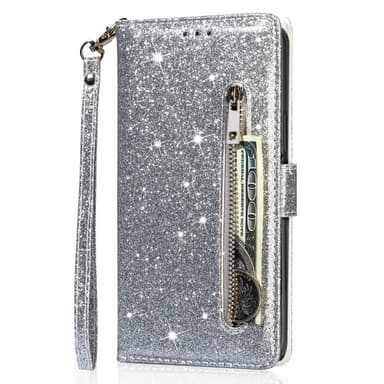 Til Samsung Galaxy S25 Ultra Stående Glittercover med Lynlåslomme - Sølv