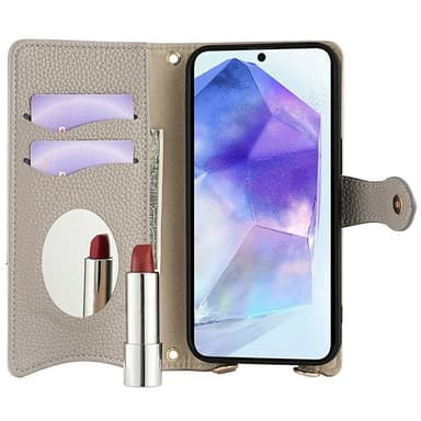 SKALO Samsung A56 5G Litchi Makeup Mirror Chain Flip Cover - Grå