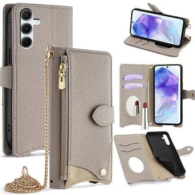 SKALO Samsung A56 5G Litchi Makeup Mirror Chain Flip Cover - Grå