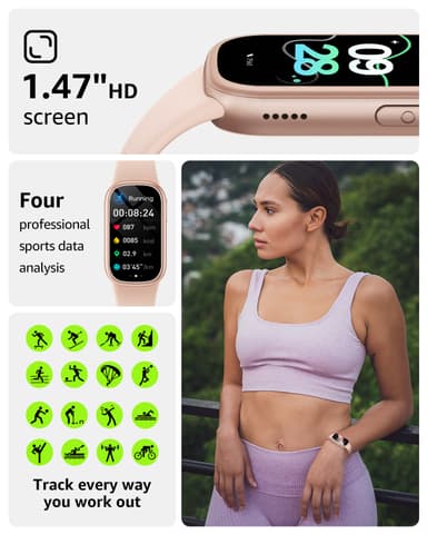 Smartwatch med EKG, pulsmåler, blodtryksmåler, søvnmåler, skridttæller Rose guld