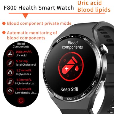 Smartwatch med EKG, kropskompositionsanalyse, blodsammensætningsanalyse (urinsyre, blodlipider) Sort silikone rem